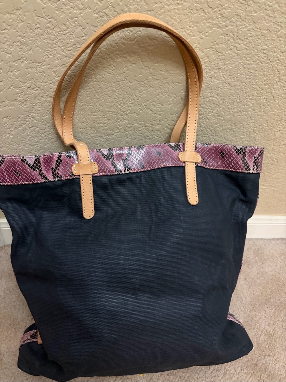 Consuela Tote with Pink Snake-Print Trim and Tan Handles